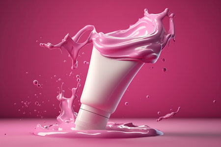 Mockup of cosmetic tube with cream splash on pink background.  Skin care products. AI Generative.の素材