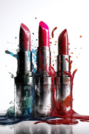 Set of colorful lipsticks with splash on white background,  professional makeup and beauty, lipgloss, AI Generativeの素材