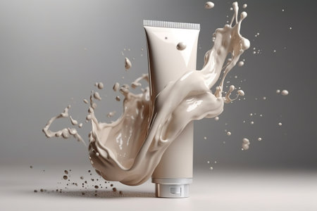 Mockup of cosmetic tube with tonal CC or BB cream foundation makeup splash on grey background.  Skin care products. AI Generative.の素材