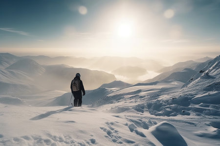 The mountaineer, skier conquered the mountain in winter, Climber on top of a winter view of snow-capped mountain peaks sunshine, AI generativeの素材