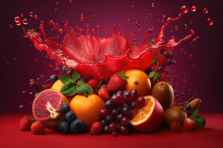 Levitation mix sweet fruits and berries with drops of juice water splash, isolated on red background, organic healthy fruit, flying food. Splash of juice, AI generativeの素材