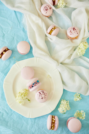 Assorted sweet french pink macarons on blue background with fresh flowers, pastry assortment, sweet indulgence.の写真素材