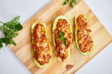 Stuffed zucchini on white background, baked loaded zucchini boats, Top view, Homemade.の写真素材