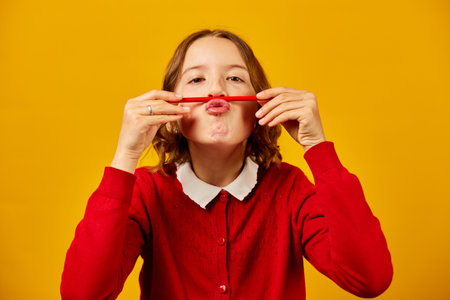 Funny teen school girl make mustache on her face with red pencil, back to school concept, comedy expression, copy spaceの写真素材