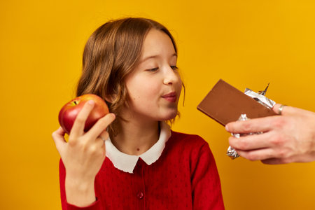 A joyful young girl holding an apple looks excitedly at a chocolate bar offered by someone...