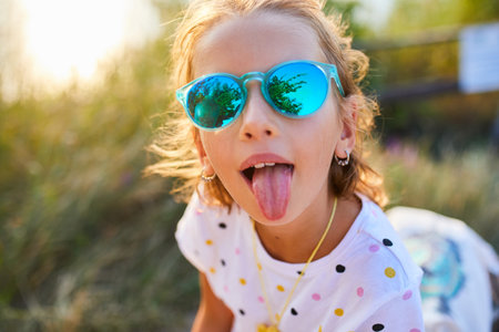 Bright sunlight illuminates a young girl sticking out her tongue playfully while wearing vibrant sunglasses. The green background adds a cheerful vibe to her joyful moment spent outdoors.の写真素材