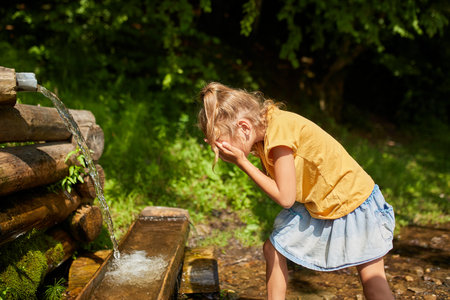 A young girl stands by a natural spring, splashing water on her face to cool off on a warm sunny day. Surrounded by lush greenery, she enjoys a delightful moment in nature.の写真素材