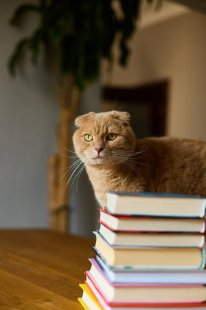 A ginger Scottish Fold cat curiously navigates a pile of colorful books. The warm indoor atmosphere enhances the playful and inquisitive nature of the feline.の写真素材