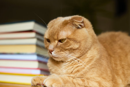 A ginger Scottish Fold cat lounges calmly next to a neatly arranged stack of colorful books in a warm, inviting indoor environment. Sunlight softly illuminates the scene.の写真素材