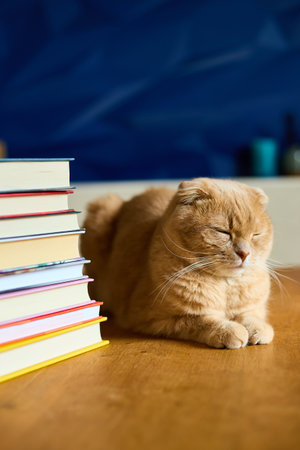 A ginger Scottish Fold cat lounges calmly next to a neatly arranged stack of colorful books in a...