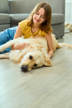 A young girl is lying on a wooden floor, happily interacting with a golden retriever. They are in a light-filled living room, enjoying each other's company and playing together.の写真素材