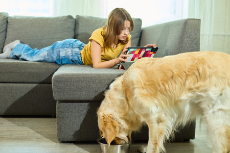 A young girl lies on her stomach on a couch, focused on her tablet. A golden retriever is eating from a bowl on the floor, creating a warm, homely atmosphere in the living room.の写真素材