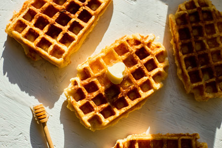 Delicious waffles topped with a touch of honey on a bright background in the morning lightの写真素材