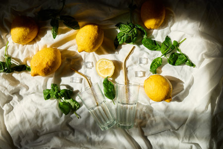 Bright yellow lemons and fresh basil are arranged with ice cubes and glasses for a refreshing summer lemonade preparation in Italy, creating a vibrant and inviting atmosphere.の写真素材