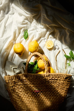 Lemons rest in a woven bag alongside fresh mint leaves and glassware, creating a vibrant summer feel on a sunlit cloth backdrop in Italy.の写真素材