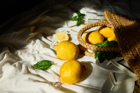 Lemons rest in a woven bag alongside fresh mint leaves and glassware, creating a vibrant summer feel on a sunlit cloth backdrop in Italy.の写真素材
