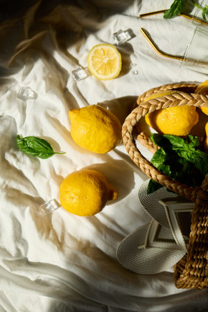 Lemons rest in a woven bag alongside fresh mint leaves and glassware, creating a vibrant summer feel on a sunlit cloth backdrop in Italy.の写真素材
