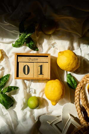 Lemons and lime are arranged artistically with fresh greens, ice cubes, and a woven basket, capturing a lively summer vibe in Italy on the first day of June.の写真素材