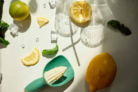 Fresh lemon and basil ingredients arranged on table for drink preparation. Lemons, basil, and...