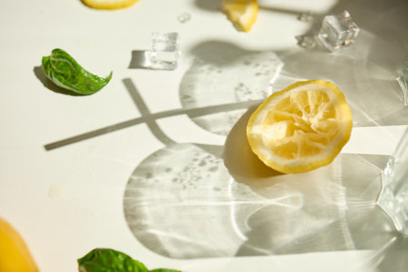 Bright sunlight casts playful shadows on lemon slices and basil leaves on a white surface. Slices of lemon and basil garnishes with ice cubes on a light surface...の写真素材