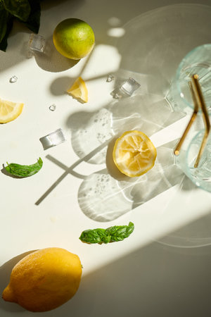 Bright sunlight casts playful shadows on lemon slices and basil leaves on a white surface. Slices of lemon garnished with ice cubes on a light surface...の写真素材