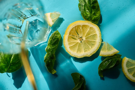 Lemon slices, fresh basil leaves, and ice cubes are artistically arranged on a bright blue surface,...