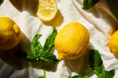 A collection of fresh lemons and vibrant basil leaves is artistically arranged on a light fabric...