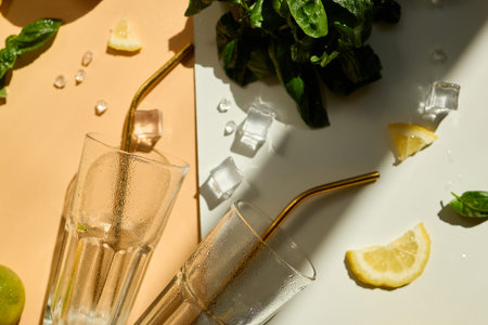 Refreshing summer beverage preparation with lemons and basil on colorful surfaces.