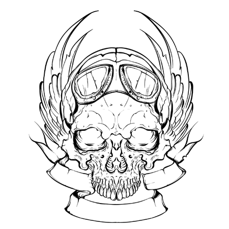 Rider skull with retro racer attributes. Grunge print. Vintage style. Vector art.のイラスト素材