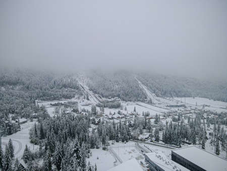 Aerial drone view for idyllic winter small town. Street running through the nature from a birds eye...