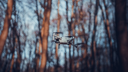 mavic air 2 on the air in autumn forestのeditorial素材