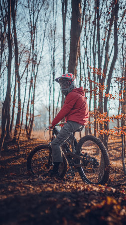 Riding on mtb bikes, downhill bikes in autumn forest on bike trails wish tricks and huge gaps and jumpsのeditorial素材