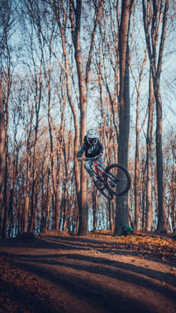 Riding on mtb bikes, downhill bikes in autumn forest on bike trails wish tricks and huge gaps and jumpsのeditorial素材