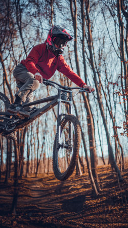 Riding on mtb bikes, downhill bikes in autumn forest on bike trails wish tricks and huge gaps and jumpsのeditorial素材
