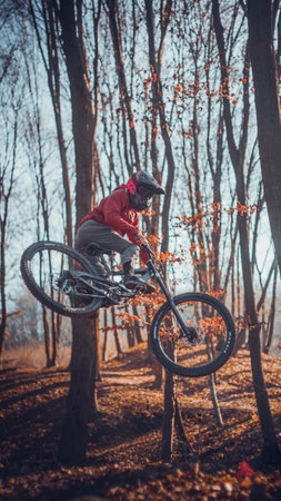 Riding on mtb bikes, downhill bikes in autumn forest on bike trails wish tricks and huge gaps and jumpsのeditorial素材