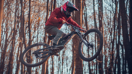 Riding on mtb bikes, downhill bikes in autumn forest on bike trails wish tricks and huge gaps and jumpsのeditorial素材