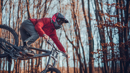 Riding on mtb bikes, downhill bikes in autumn forest on bike trails wish tricks and huge gaps and jumpsのeditorial素材