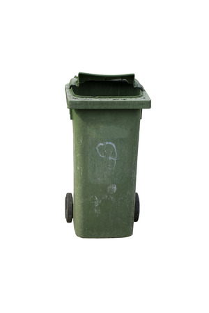 Old green recycle bin on white isolated with pathの写真素材