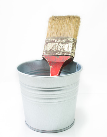 Paint brushes tool in can on white backgroundの写真素材