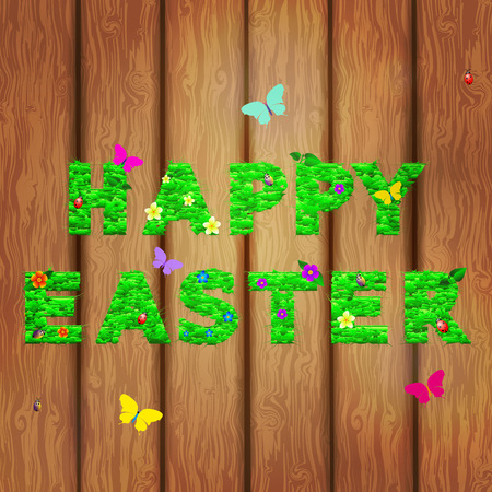 Colorful illustration Easter with grass  butterflies beetles on wood background. Vector Happy Easterのイラスト素材