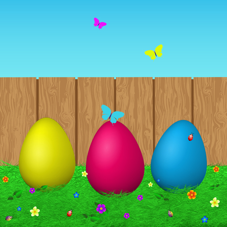 Colorful illustration of Easter eggs on the background of sky and fence.Easter with eggs, grass, butterflies, beetles on wood background. Happy Easter. Vectorのイラスト素材