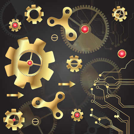 Abstract technology gold background. Cogwheels theme. Vector illustrationのイラスト素材