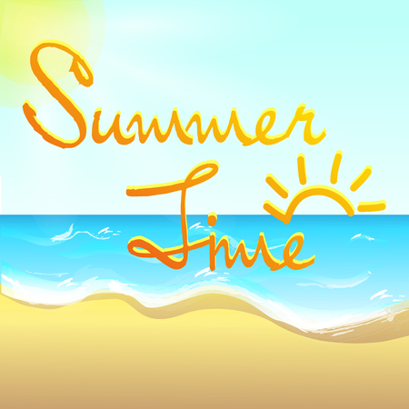 Summer time text on the summer background with sea views . The waves of the ocean and white sandy beachのイラスト素材