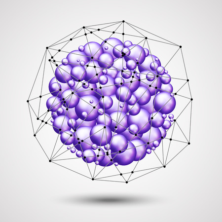 Abstract geometric spherical shape from triangular faces and purple spheres for graphic design. Vectorのイラスト素材