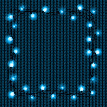 Merry Christmas and Happy New Year card. Christmas garland with lights on blue knit sweater background. Vector illustrationのイラスト素材