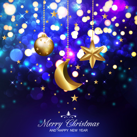 Christmas Dark Blue Background With Abstract Bokeh Lights, Christmas Golden Balls, Stars And Moon. Vector illustrationのイラスト素材
