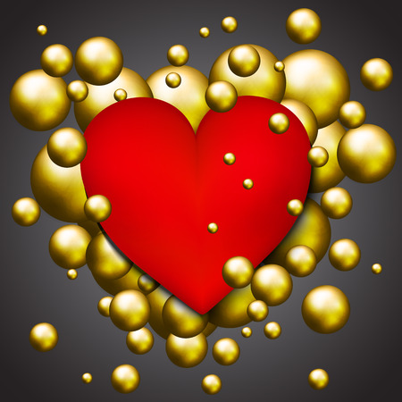 Red heart on dark grey background with gold bubbles. Vector illustrationのイラスト素材