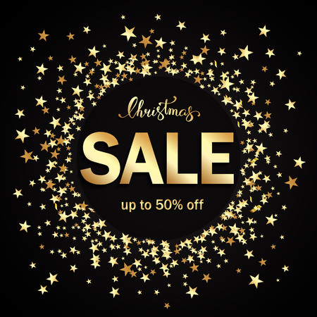 Christmas sale banner with gold stars on black background. Vector illustration template sale cards with hand letteringのイラスト素材
