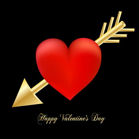 Happy Valentines day luxury greeting card. Red heart pierced by golden cupids arrow in Valentines day on black background.のイラスト素材