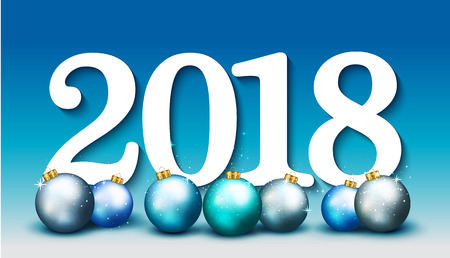 Happy New Year 2018 elegant banner with blue christmas balls. Vector illustrationのイラスト素材
